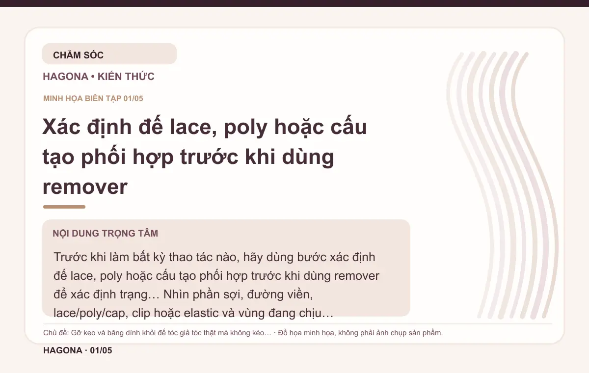 Đồ họa minh họa HAGONA về Xác định đế lace, poly hoặc cấu tạo phối hợp trước khi dùng remover trong bài Gỡ keo và băng dính khỏi đế tóc giả tóc thật mà không kéo giãn