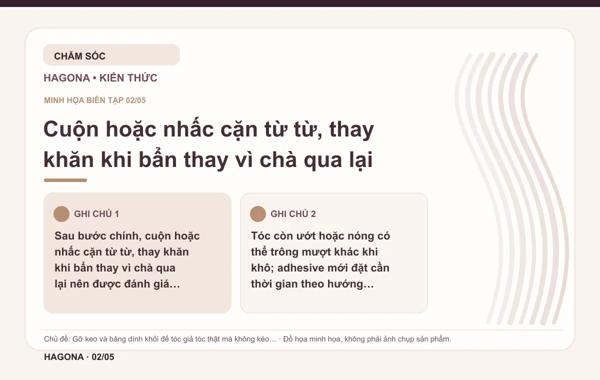 Đồ họa minh họa HAGONA về Cuộn hoặc nhấc cặn từ từ, thay khăn khi bẩn thay vì chà qua lại trong bài Gỡ keo và băng dính khỏi đế tóc giả tóc thật mà không kéo giãn