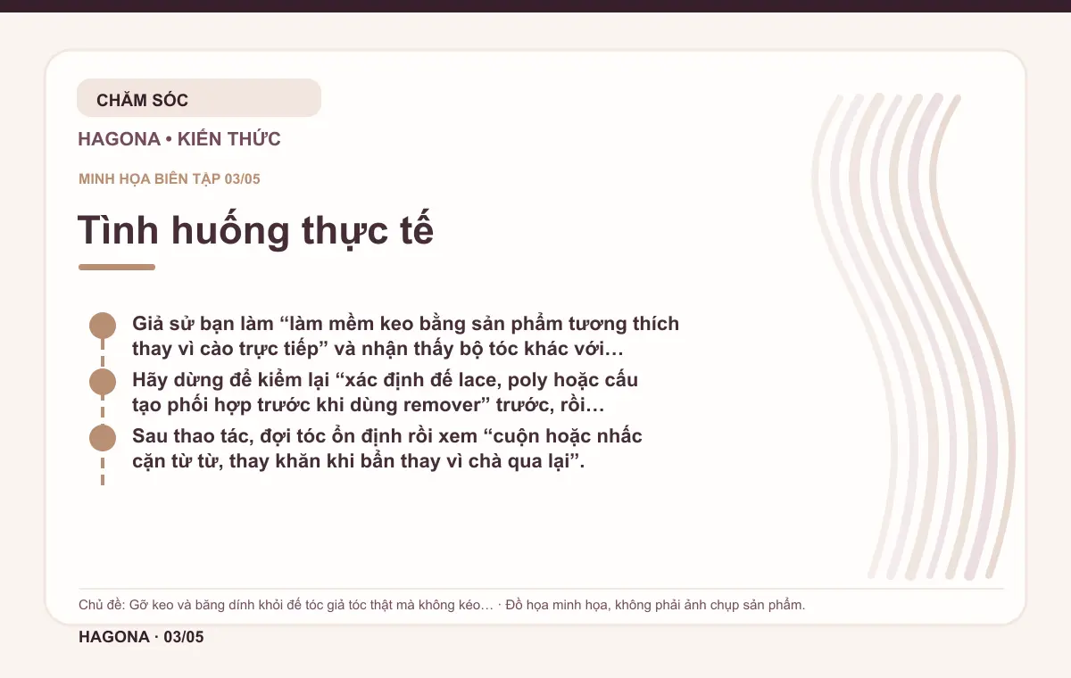 Đồ họa minh họa HAGONA về Tình huống thực tế trong bài Gỡ keo và băng dính khỏi đế tóc giả tóc thật mà không kéo giãn