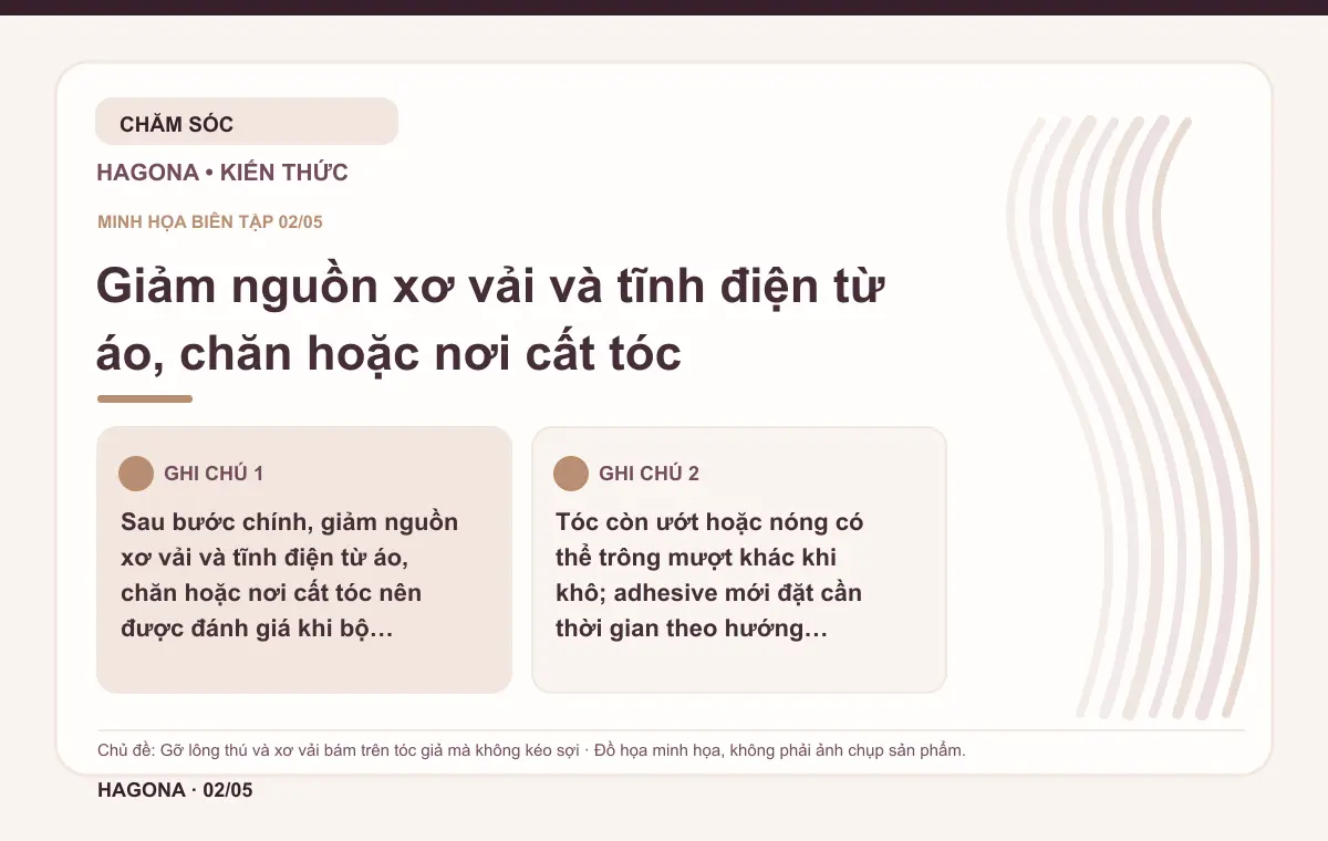 Đồ họa minh họa HAGONA về Giảm nguồn xơ vải và tĩnh điện từ áo, chăn hoặc nơi cất tóc trong bài Gỡ lông thú và xơ vải bám trên tóc giả mà không kéo sợi