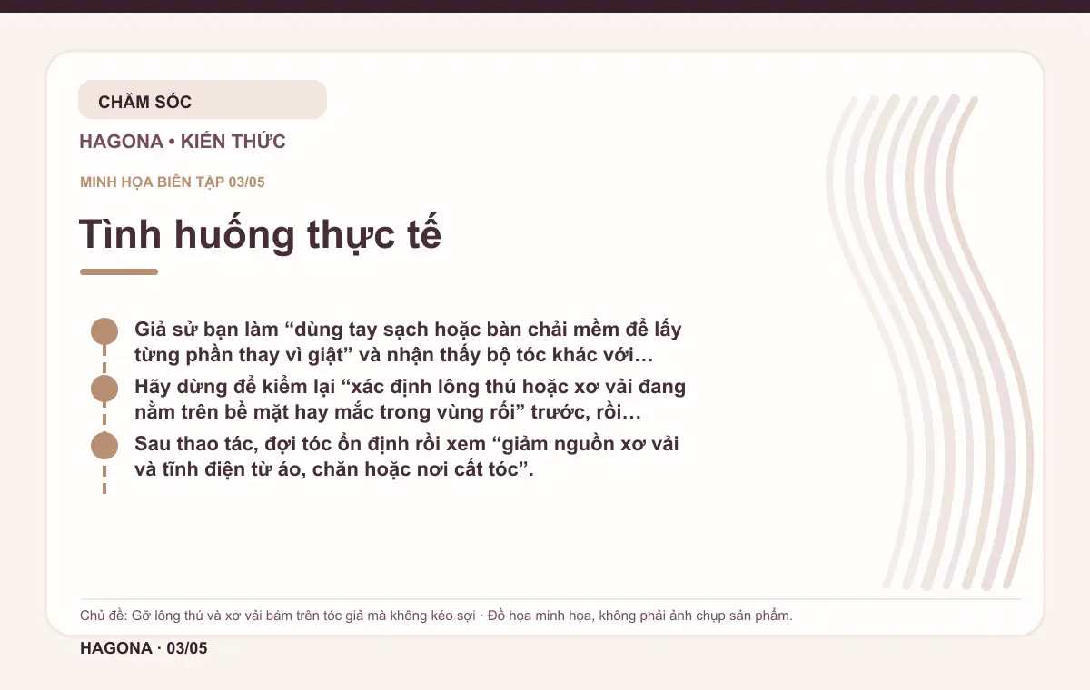 Đồ họa minh họa HAGONA về Tình huống thực tế trong bài Gỡ lông thú và xơ vải bám trên tóc giả mà không kéo sợi