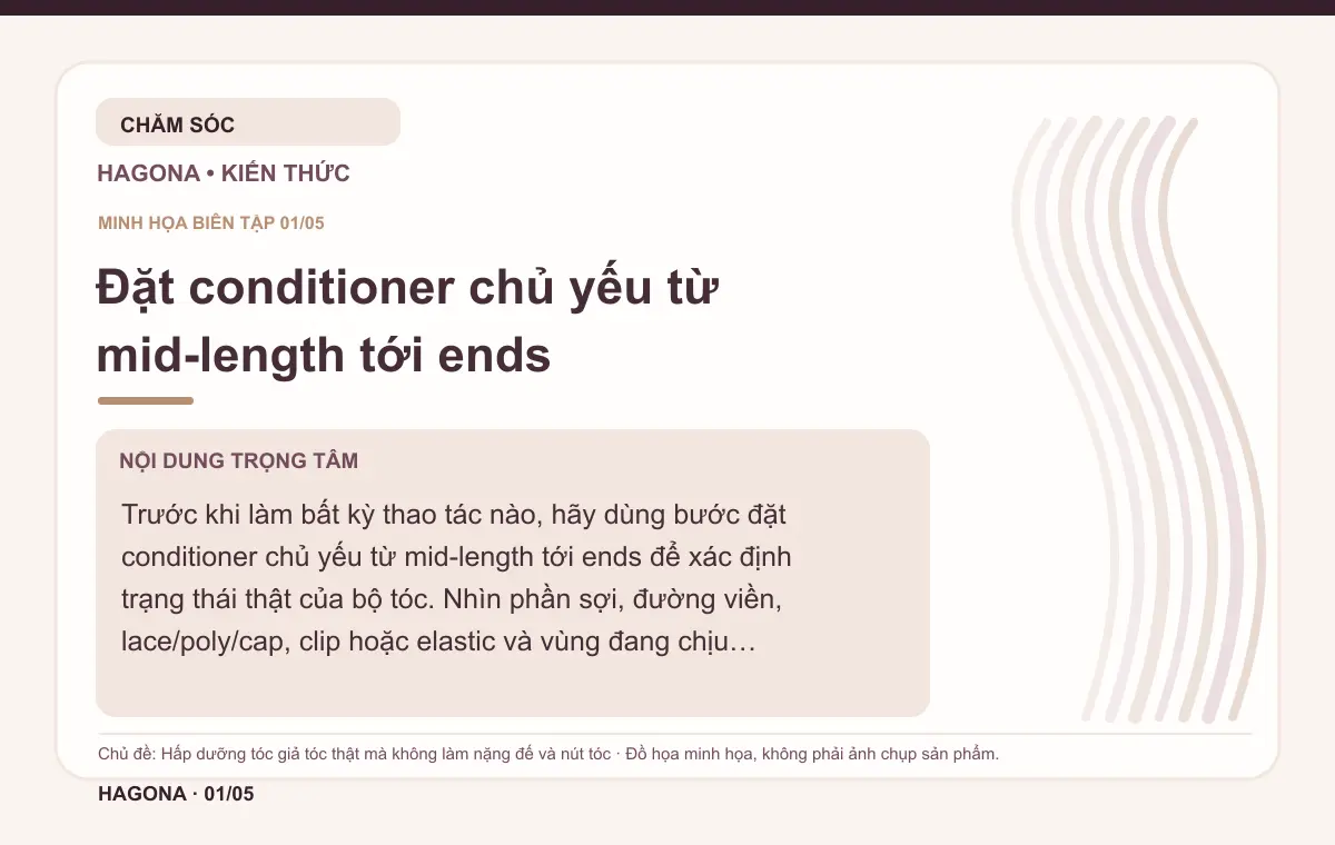 Đồ họa minh họa HAGONA về Đặt conditioner chủ yếu từ mid-length tới ends trong bài Hấp dưỡng tóc giả tóc thật mà không làm nặng đế và nút tóc