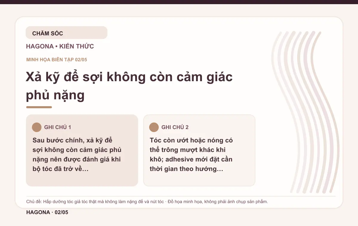 Đồ họa minh họa HAGONA về Xả kỹ để sợi không còn cảm giác phủ nặng trong bài Hấp dưỡng tóc giả tóc thật mà không làm nặng đế và nút tóc