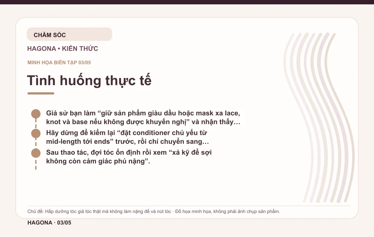 Đồ họa minh họa HAGONA về Tình huống thực tế trong bài Hấp dưỡng tóc giả tóc thật mà không làm nặng đế và nút tóc