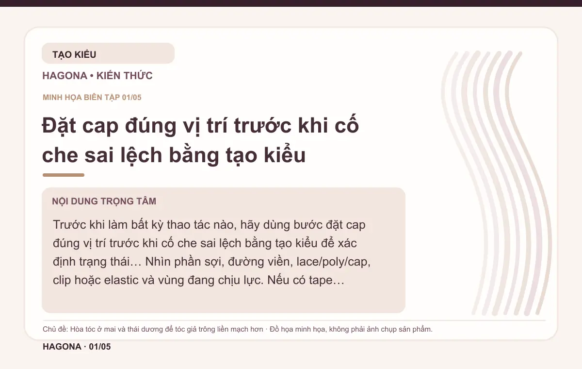 Đồ họa minh họa HAGONA về Đặt cap đúng vị trí trước khi cố che sai lệch bằng tạo kiểu trong bài Hòa tóc ở mai và thái dương để tóc giả trông liền mạch hơn