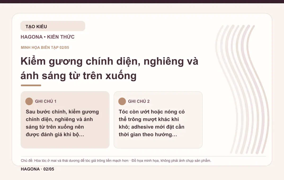 Đồ họa minh họa HAGONA về Kiểm gương chính diện, nghiêng và ánh sáng từ trên xuống trong bài Hòa tóc ở mai và thái dương để tóc giả trông liền mạch hơn