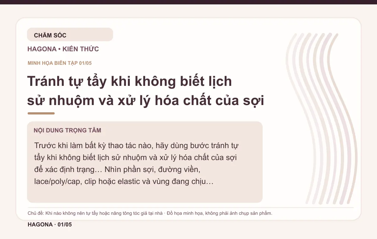 Đồ họa minh họa HAGONA về Tránh tự tẩy khi không biết lịch sử nhuộm và xử lý hóa chất của sợi trong bài Khi nào không nên tự tẩy hoặc nâng tông tóc giả tại nhà