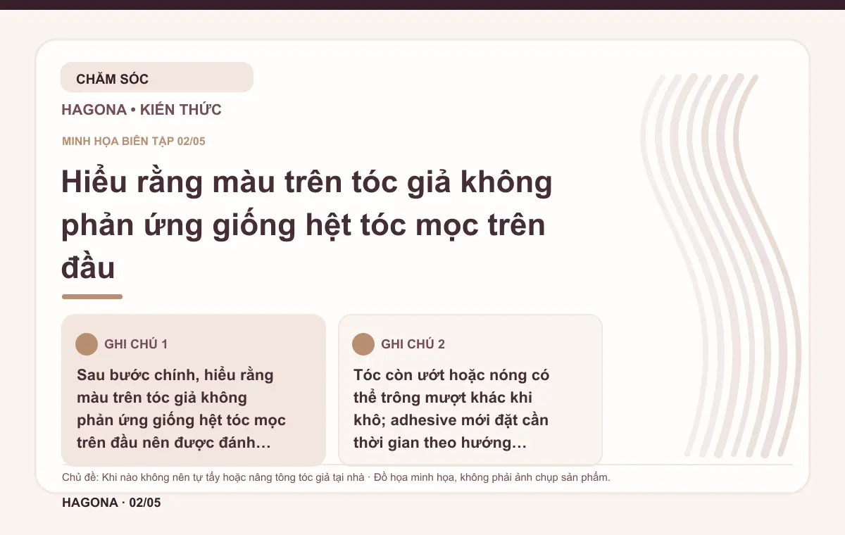 Đồ họa minh họa HAGONA về Hiểu rằng màu trên tóc giả không phản ứng giống hệt tóc mọc trên đầu trong bài Khi nào không nên tự tẩy hoặc nâng tông tóc giả tại nhà