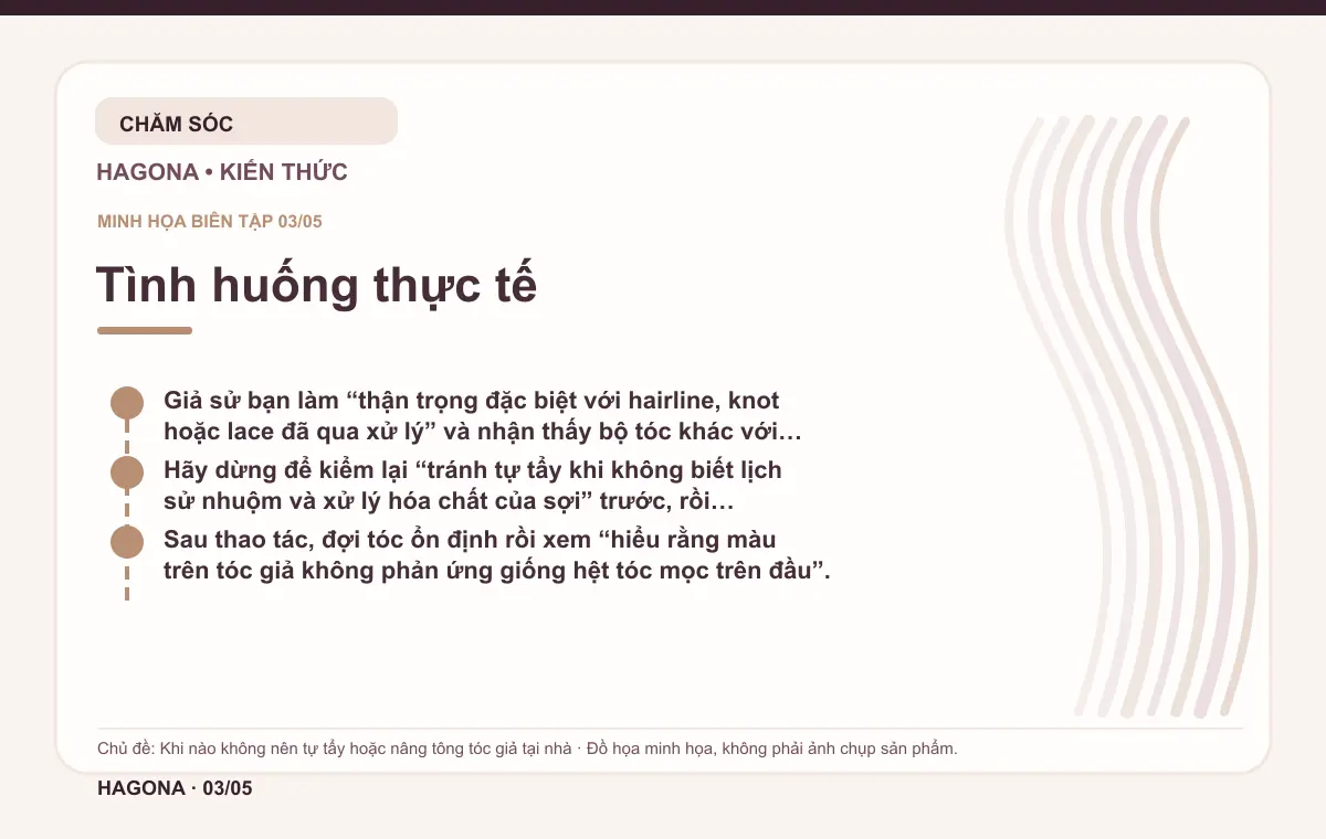 Đồ họa minh họa HAGONA về Tình huống thực tế trong bài Khi nào không nên tự tẩy hoặc nâng tông tóc giả tại nhà