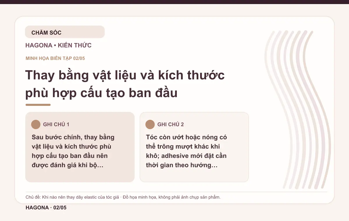Đồ họa minh họa HAGONA về Thay bằng vật liệu và kích thước phù hợp cấu tạo ban đầu trong bài Khi nào nên thay dây elastic của tóc giả