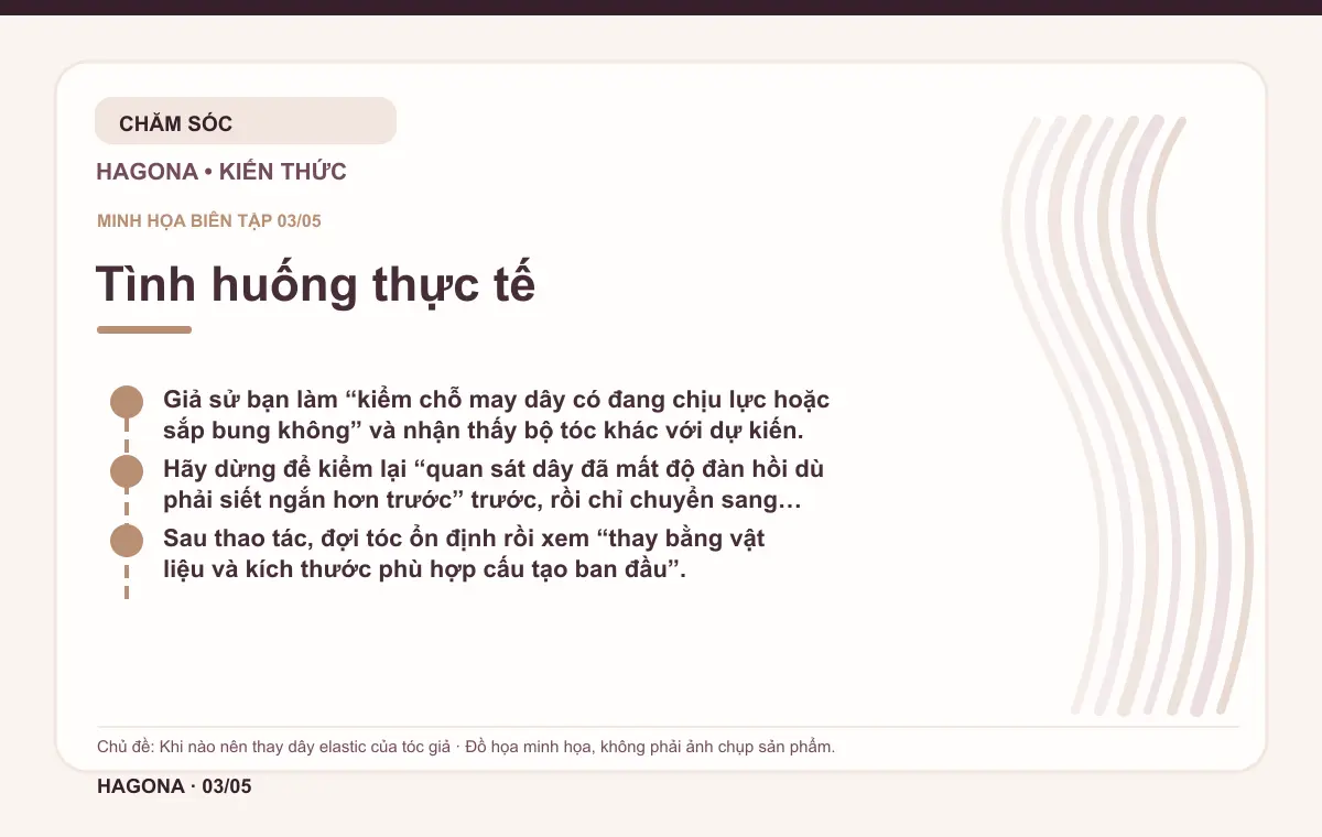 Đồ họa minh họa HAGONA về Tình huống thực tế trong bài Khi nào nên thay dây elastic của tóc giả
