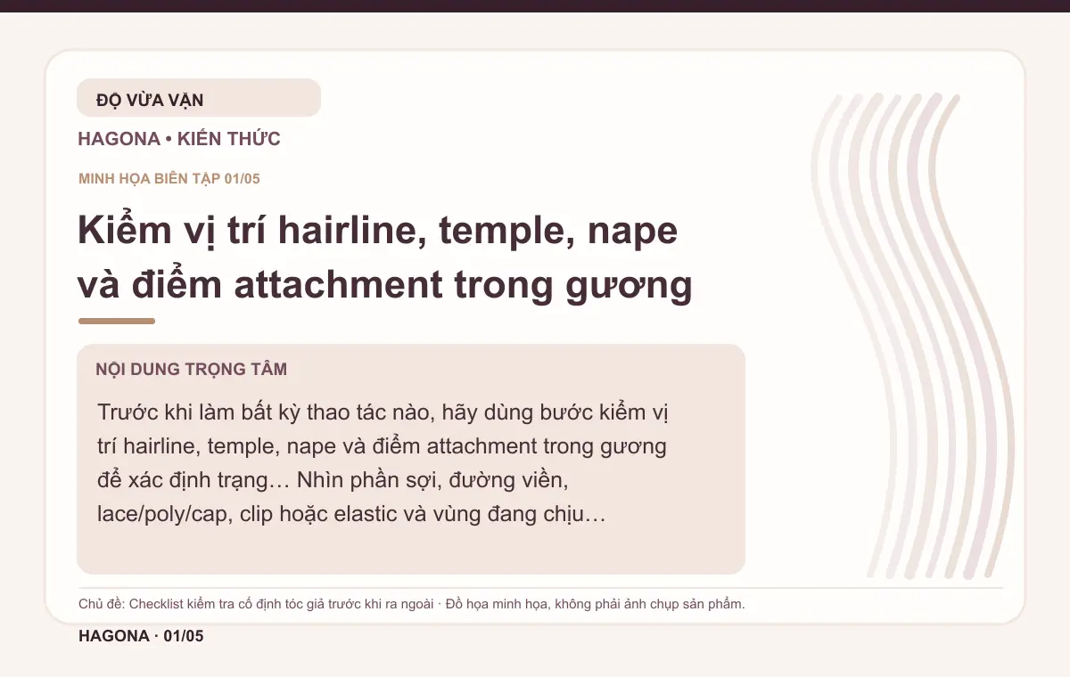 Đồ họa minh họa HAGONA về Kiểm vị trí hairline, temple, nape và điểm attachment trong gương trong bài Checklist kiểm tra cố định tóc giả trước khi ra ngoài