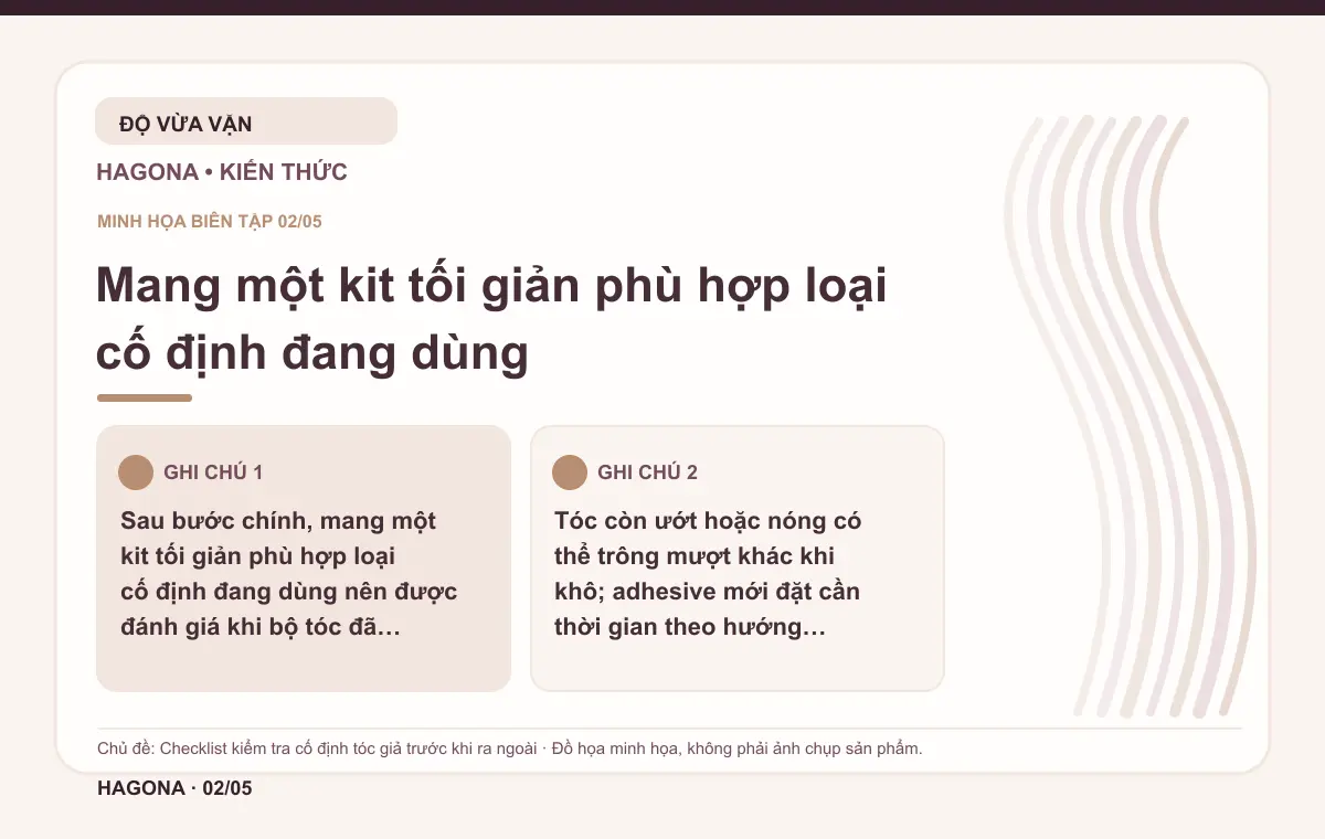 Đồ họa minh họa HAGONA về Mang một kit tối giản phù hợp loại cố định đang dùng trong bài Checklist kiểm tra cố định tóc giả trước khi ra ngoài