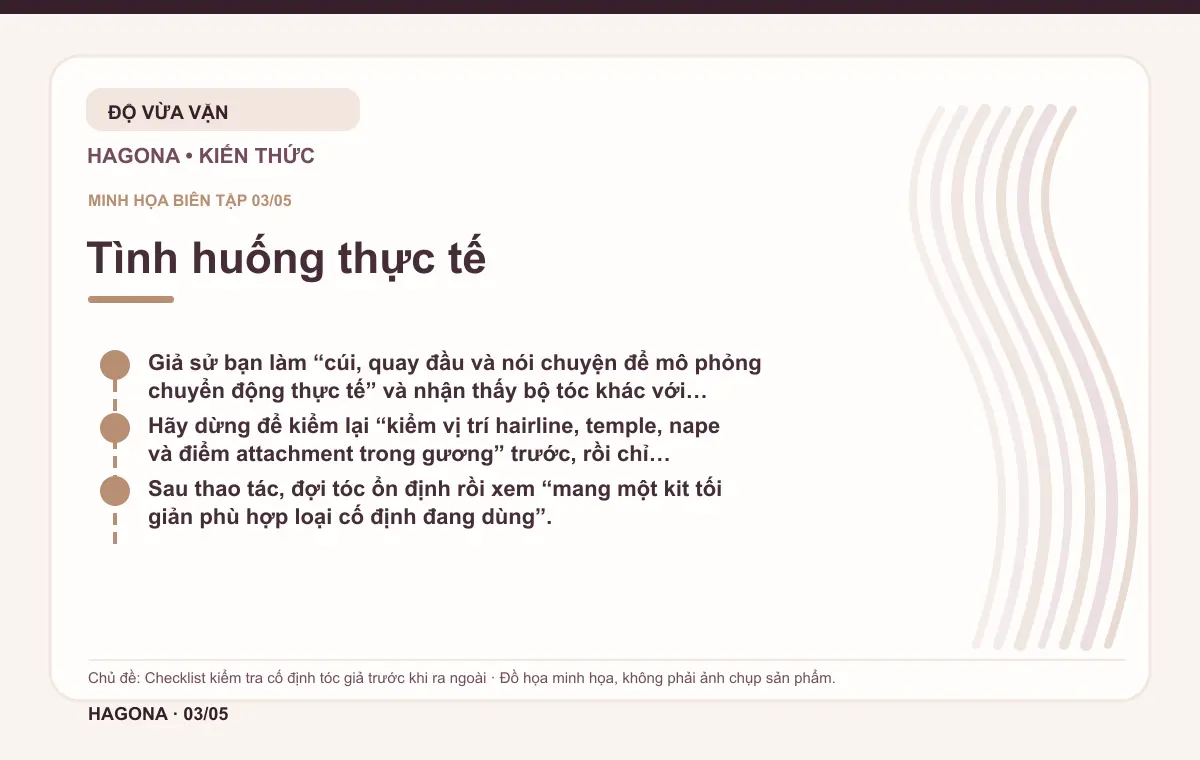 Đồ họa minh họa HAGONA về Tình huống thực tế trong bài Checklist kiểm tra cố định tóc giả trước khi ra ngoài