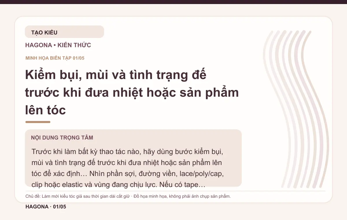 Đồ họa minh họa HAGONA về Kiểm bụi, mùi và tình trạng đế trước khi đưa nhiệt hoặc sản phẩm lên tóc trong bài Làm mới kiểu tóc giả sau thời gian dài cất giữ