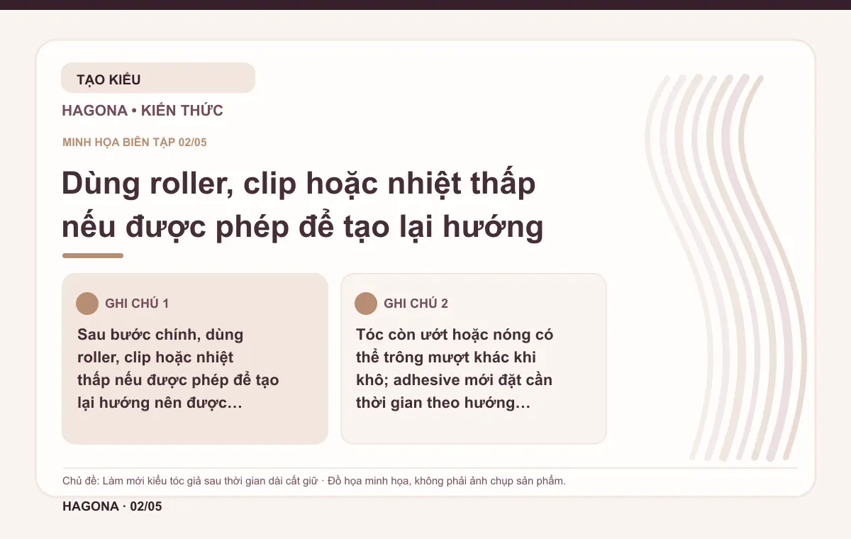 Đồ họa minh họa HAGONA về Dùng roller, clip hoặc nhiệt thấp nếu được phép để tạo lại hướng trong bài Làm mới kiểu tóc giả sau thời gian dài cất giữ