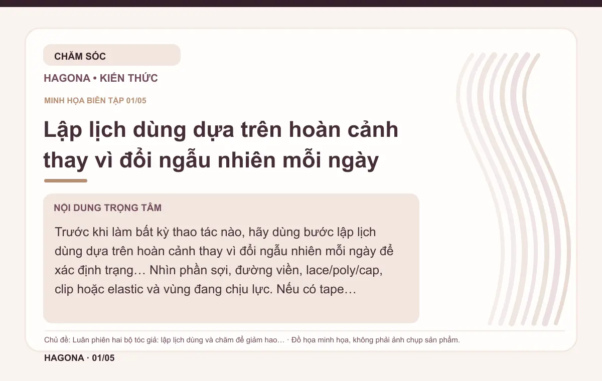 Đồ họa minh họa HAGONA về Lập lịch dùng dựa trên hoàn cảnh thay vì đổi ngẫu nhiên mỗi ngày trong bài Luân phiên hai bộ tóc giả: lập lịch dùng và chăm để giảm hao mòn