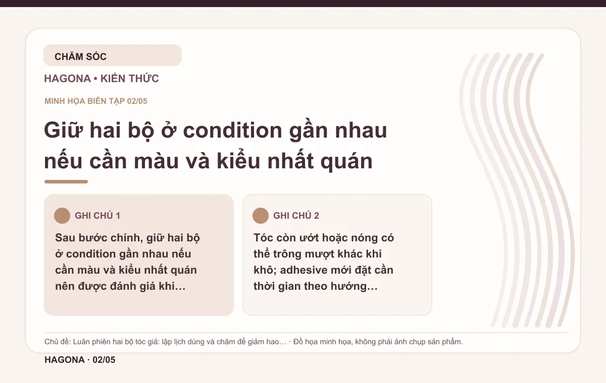 Đồ họa minh họa HAGONA về Giữ hai bộ ở condition gần nhau nếu cần màu và kiểu nhất quán trong bài Luân phiên hai bộ tóc giả: lập lịch dùng và chăm để giảm hao mòn
