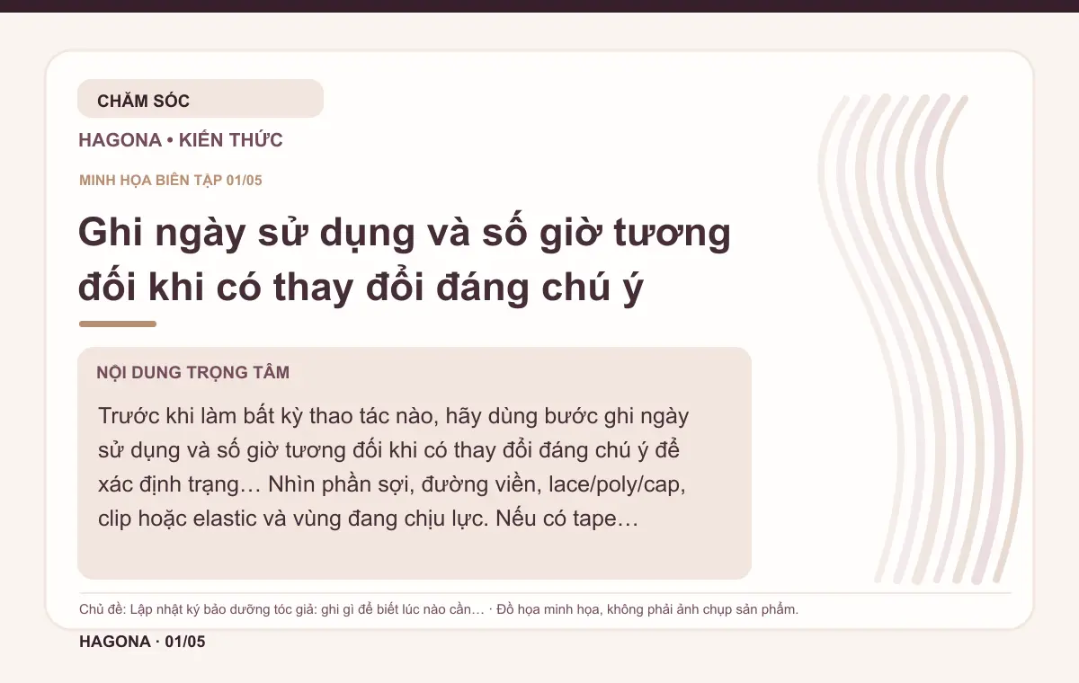 Đồ họa minh họa HAGONA về Ghi ngày sử dụng và số giờ tương đối khi có thay đổi đáng chú ý trong bài Lập nhật ký bảo dưỡng tóc giả: ghi gì để biết lúc nào cần chăm sâu