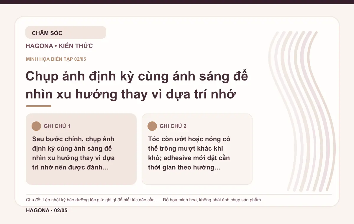 Đồ họa minh họa HAGONA về Chụp ảnh định kỳ cùng ánh sáng để nhìn xu hướng thay vì dựa trí nhớ trong bài Lập nhật ký bảo dưỡng tóc giả: ghi gì để biết lúc nào cần chăm sâu