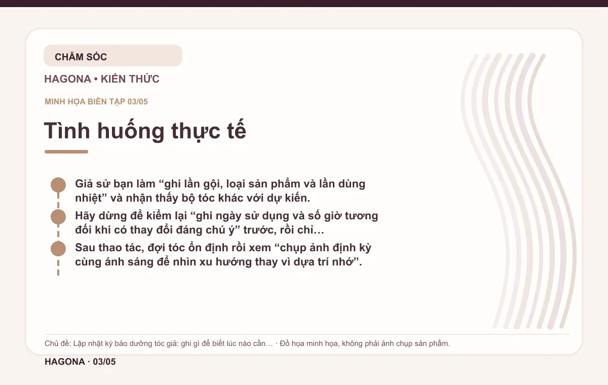 Đồ họa minh họa HAGONA về Tình huống thực tế trong bài Lập nhật ký bảo dưỡng tóc giả: ghi gì để biết lúc nào cần chăm sâu