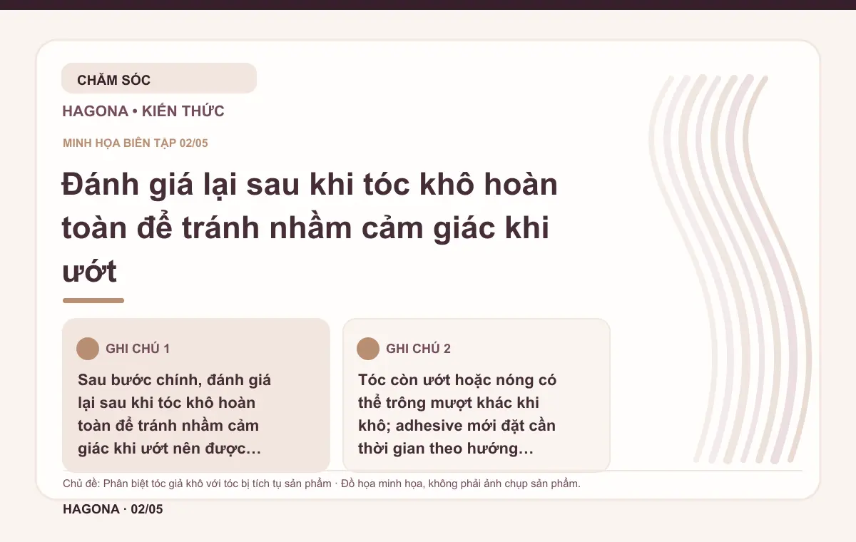 Đồ họa minh họa HAGONA về Đánh giá lại sau khi tóc khô hoàn toàn để tránh nhầm cảm giác khi ướt trong bài Phân biệt tóc giả khô với tóc bị tích tụ sản phẩm