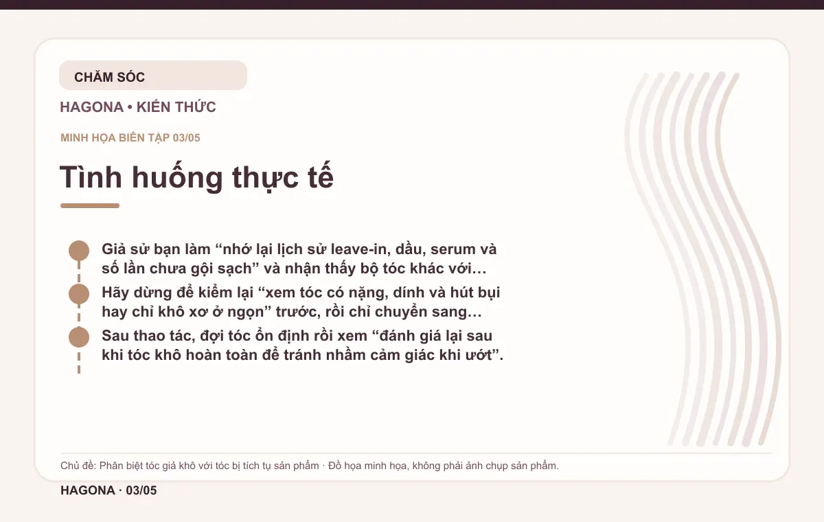 Đồ họa minh họa HAGONA về Tình huống thực tế trong bài Phân biệt tóc giả khô với tóc bị tích tụ sản phẩm