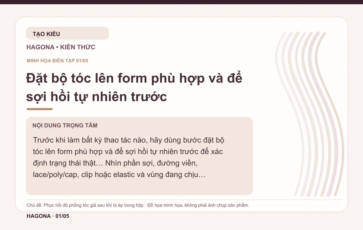 Đồ họa minh họa HAGONA về Đặt bộ tóc lên form phù hợp và để sợi hồi tự nhiên trước trong bài Phục hồi độ phồng tóc giả sau khi bị ép trong hộp