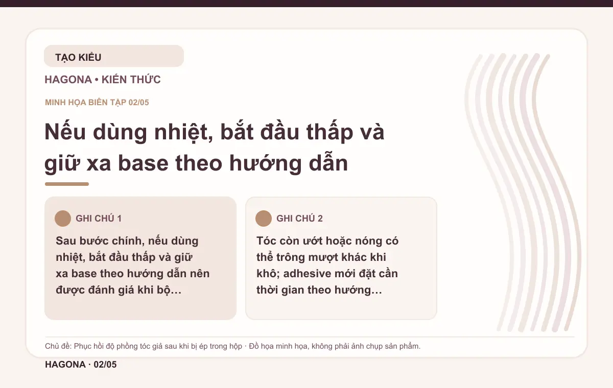 Đồ họa minh họa HAGONA về Nếu dùng nhiệt, bắt đầu thấp và giữ xa base theo hướng dẫn trong bài Phục hồi độ phồng tóc giả sau khi bị ép trong hộp