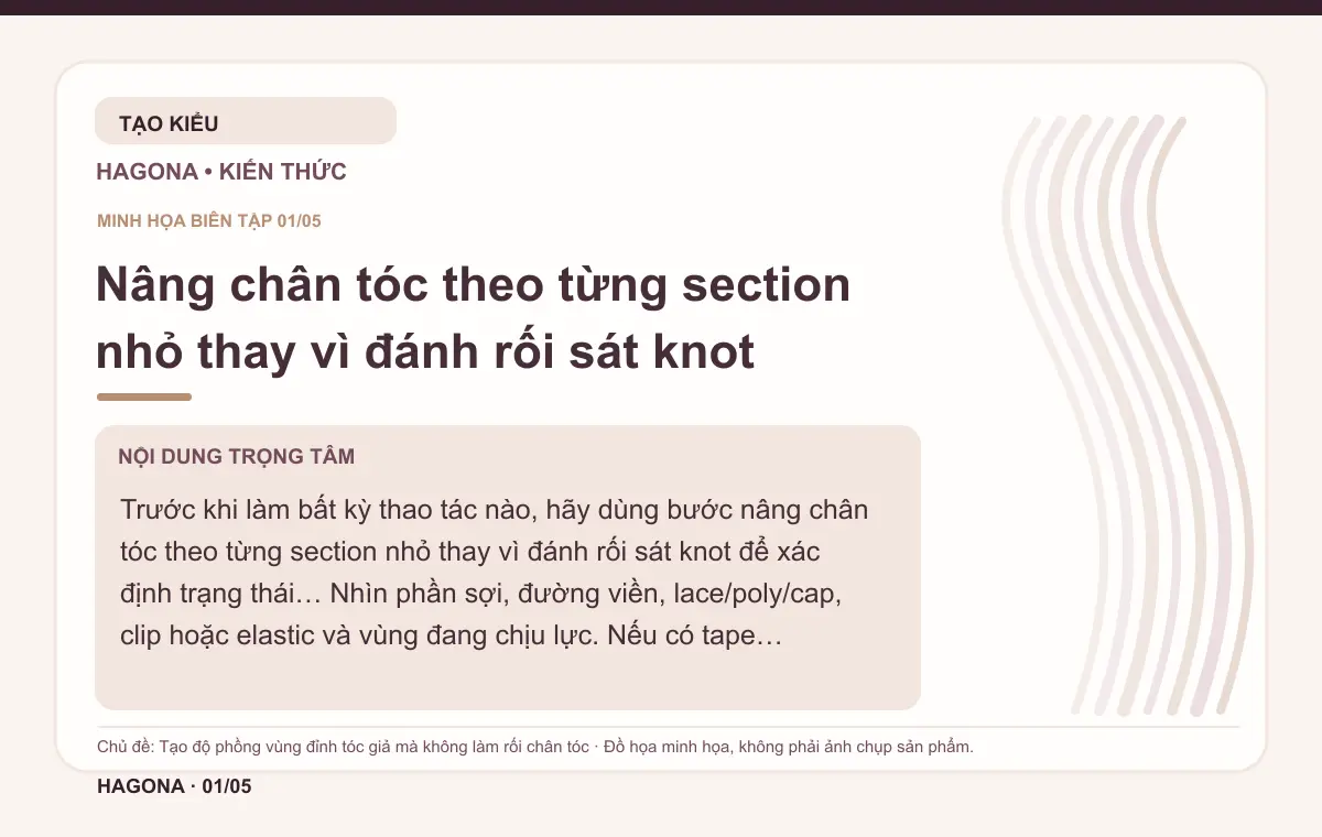 Đồ họa minh họa HAGONA về Nâng chân tóc theo từng section nhỏ thay vì đánh rối sát knot trong bài Tạo độ phồng vùng đỉnh tóc giả mà không làm rối chân tóc
