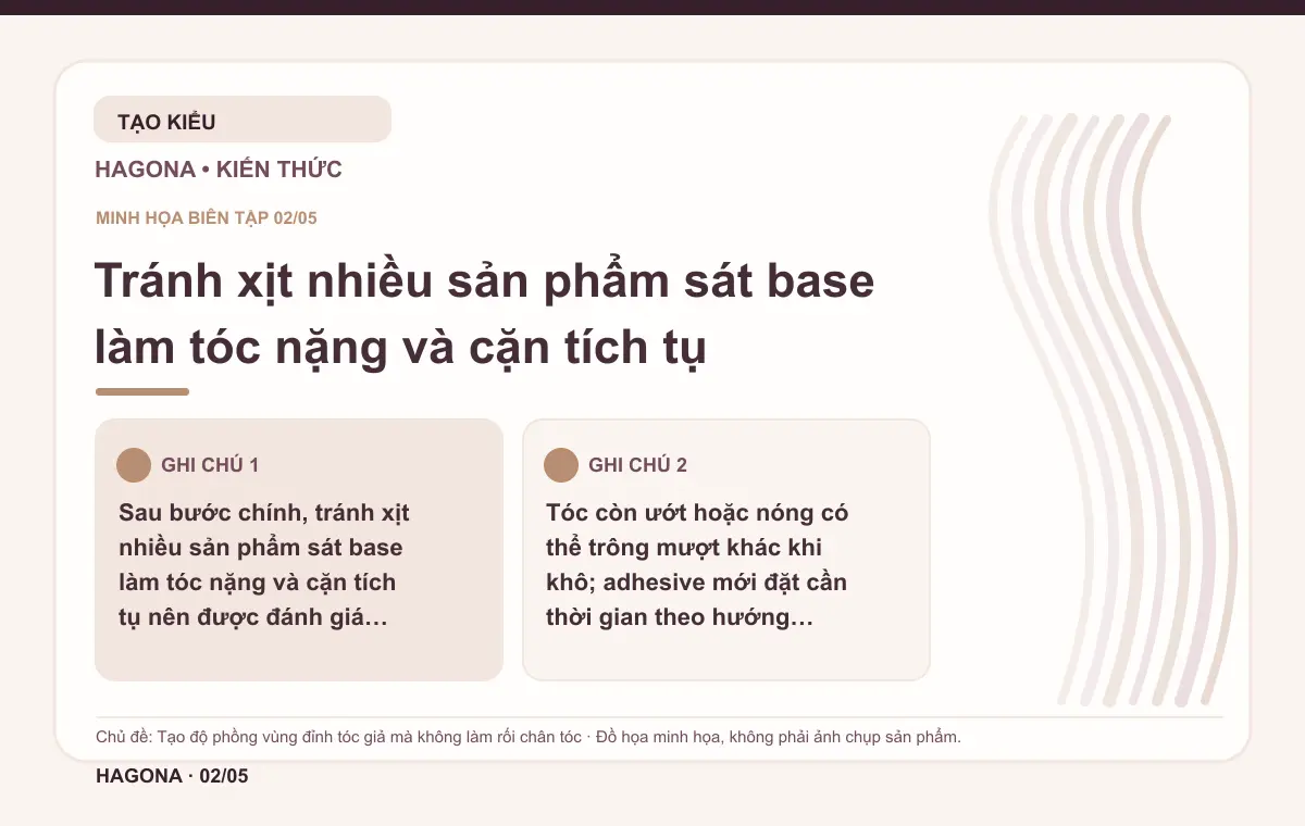 Đồ họa minh họa HAGONA về Tránh xịt nhiều sản phẩm sát base làm tóc nặng và cặn tích tụ trong bài Tạo độ phồng vùng đỉnh tóc giả mà không làm rối chân tóc
