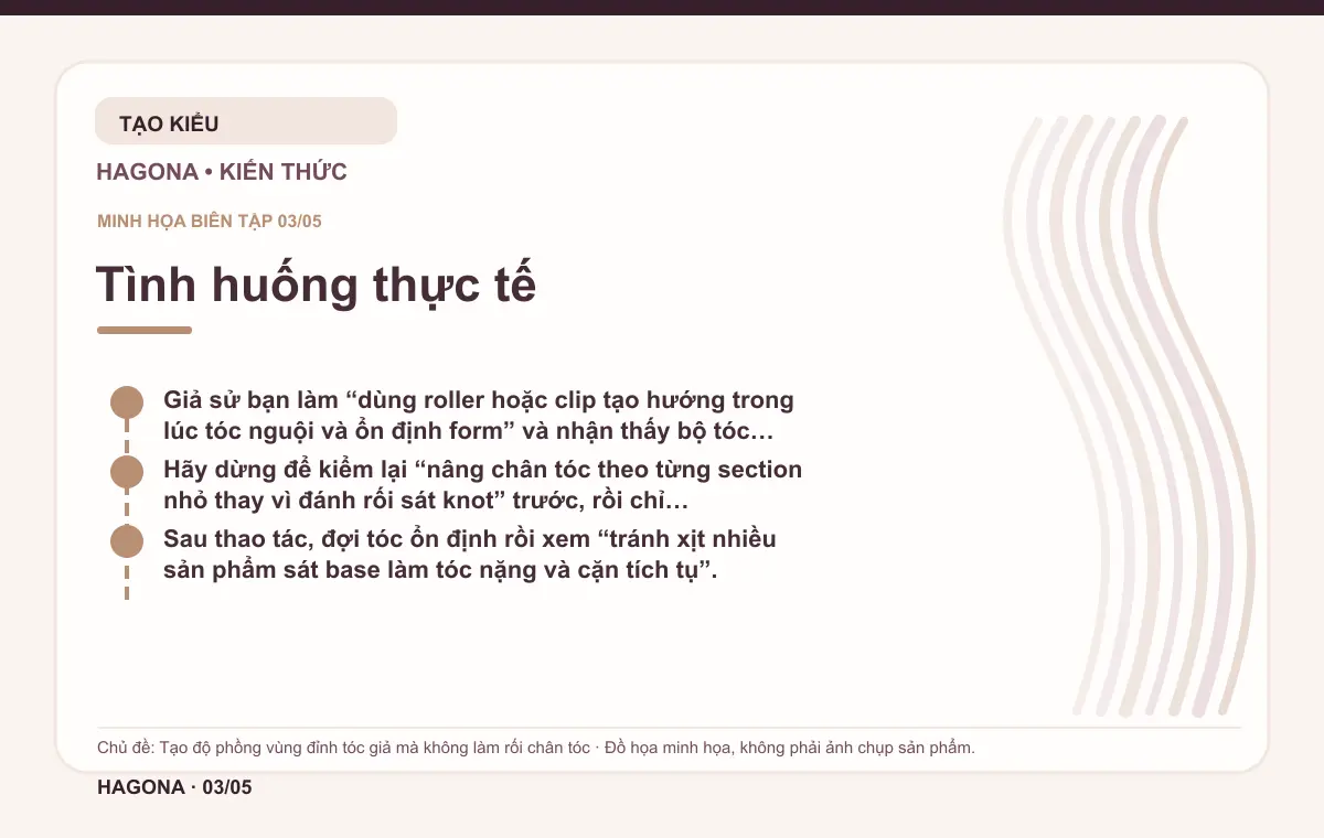 Đồ họa minh họa HAGONA về Tình huống thực tế trong bài Tạo độ phồng vùng đỉnh tóc giả mà không làm rối chân tóc