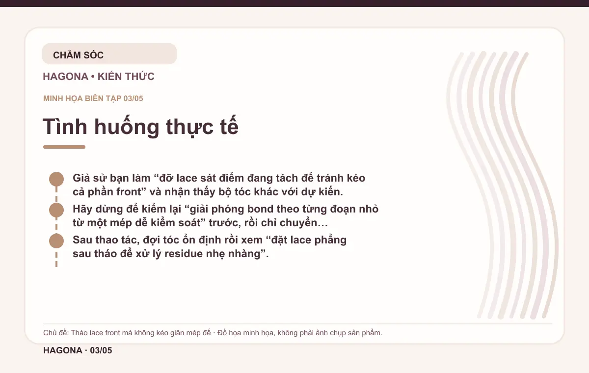 Đồ họa minh họa HAGONA về Tình huống thực tế trong bài Tháo lace front mà không kéo giãn mép đế