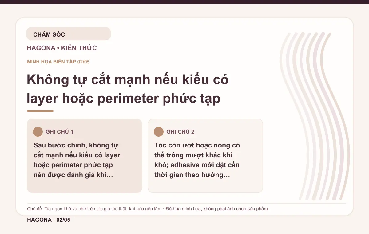 Đồ họa minh họa HAGONA về Không tự cắt mạnh nếu kiểu có layer hoặc perimeter phức tạp trong bài Tỉa ngọn khô và chẻ trên tóc giả tóc thật: khi nào nên làm