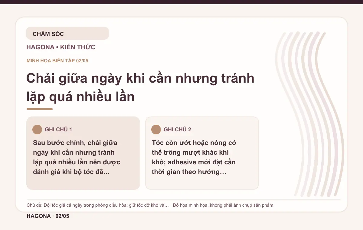 Đồ họa minh họa HAGONA về Chải giữa ngày khi cần nhưng tránh lặp quá nhiều lần trong bài Đội tóc giả cả ngày trong phòng điều hòa: giữ tóc đỡ khô và rối