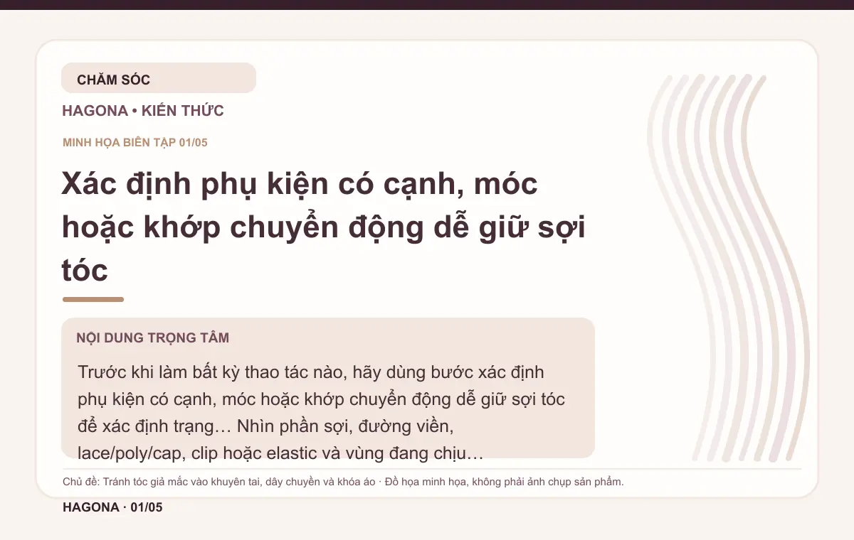 Đồ họa minh họa HAGONA về Xác định phụ kiện có cạnh, móc hoặc khớp chuyển động dễ giữ sợi tóc trong bài Tránh tóc giả mắc vào khuyên tai, dây chuyền và khóa áo