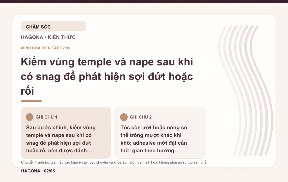 Đồ họa minh họa HAGONA về Kiểm vùng temple và nape sau khi có snag để phát hiện sợi đứt hoặc rối trong bài Tránh tóc giả mắc vào khuyên tai, dây chuyền và khóa áo