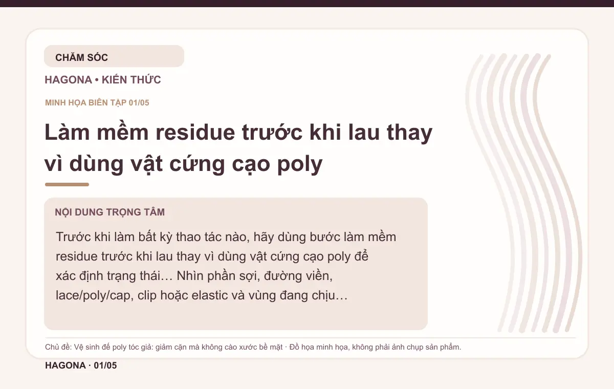 Đồ họa minh họa HAGONA về Làm mềm residue trước khi lau thay vì dùng vật cứng cạo poly trong bài Vệ sinh đế poly tóc giả: giảm cặn mà không cào xước bề mặt
