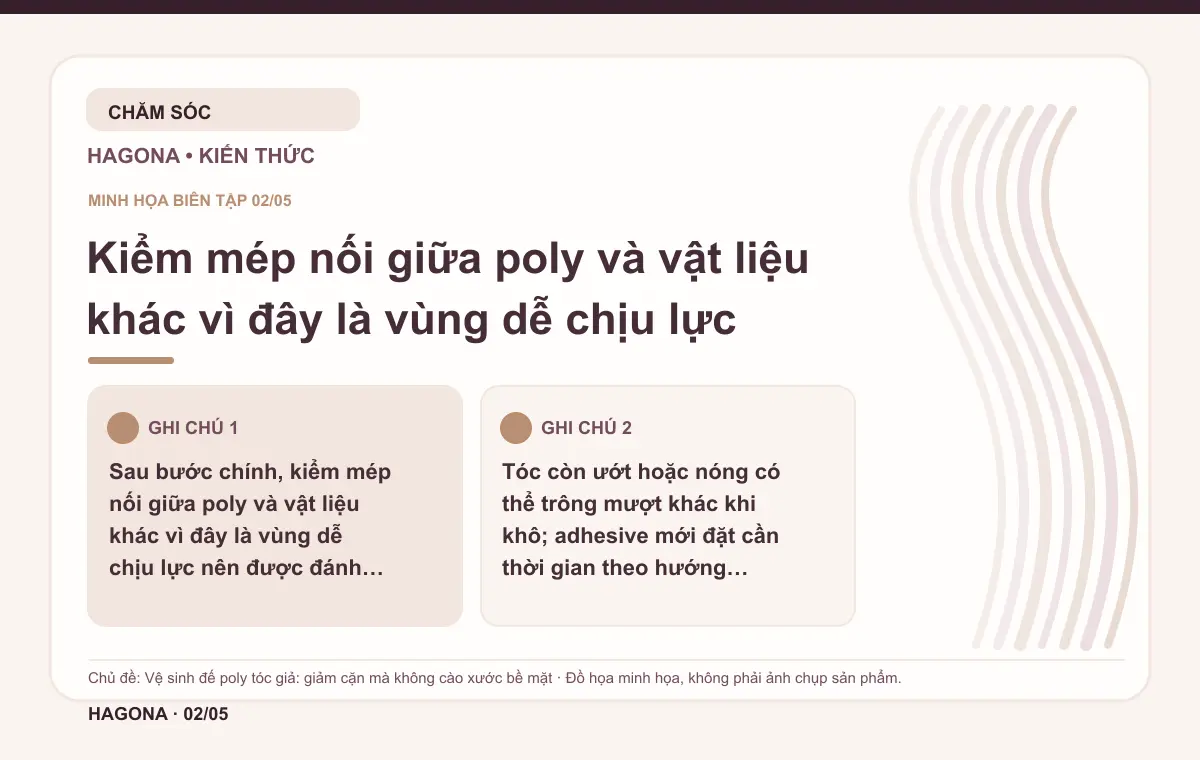 Đồ họa minh họa HAGONA về Kiểm mép nối giữa poly và vật liệu khác vì đây là vùng dễ chịu lực trong bài Vệ sinh đế poly tóc giả: giảm cặn mà không cào xước bề mặt