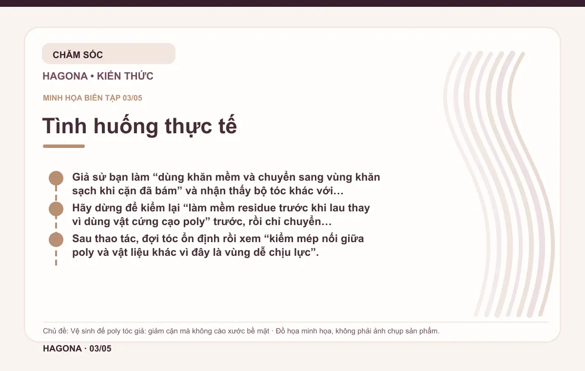 Đồ họa minh họa HAGONA về Tình huống thực tế trong bài Vệ sinh đế poly tóc giả: giảm cặn mà không cào xước bề mặt