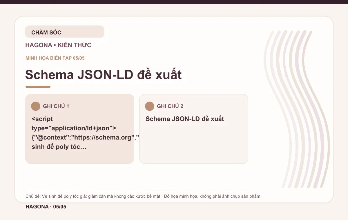 Đồ họa minh họa HAGONA về Schema JSON-LD đề xuất trong bài Vệ sinh đế poly tóc giả: giảm cặn mà không cào xước bề mặt