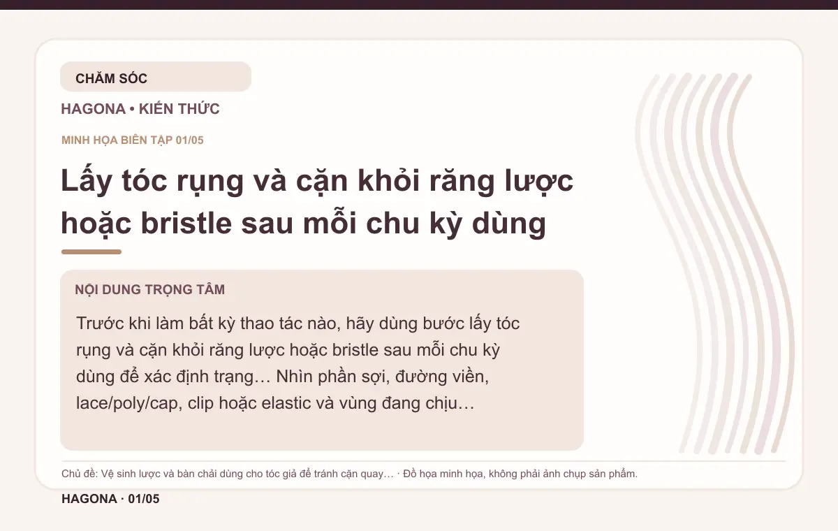 Đồ họa minh họa HAGONA về Lấy tóc rụng và cặn khỏi răng lược hoặc bristle sau mỗi chu kỳ dùng trong bài Vệ sinh lược và bàn chải dùng cho tóc giả để tránh cặn quay lại tóc