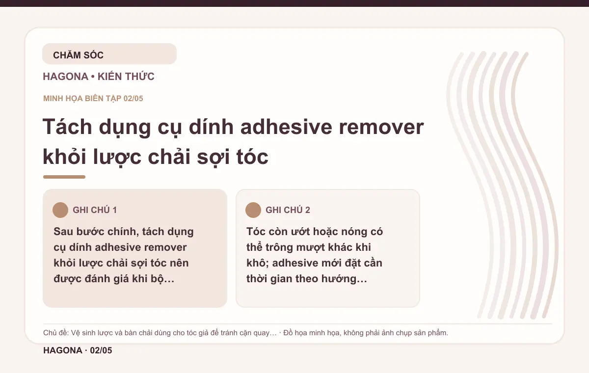 Đồ họa minh họa HAGONA về Tách dụng cụ dính adhesive remover khỏi lược chải sợi tóc trong bài Vệ sinh lược và bàn chải dùng cho tóc giả để tránh cặn quay lại tóc