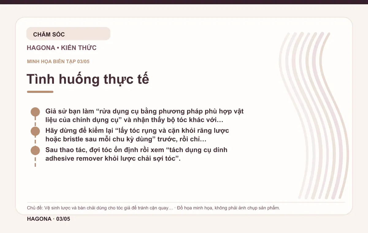 Đồ họa minh họa HAGONA về Tình huống thực tế trong bài Vệ sinh lược và bàn chải dùng cho tóc giả để tránh cặn quay lại tóc