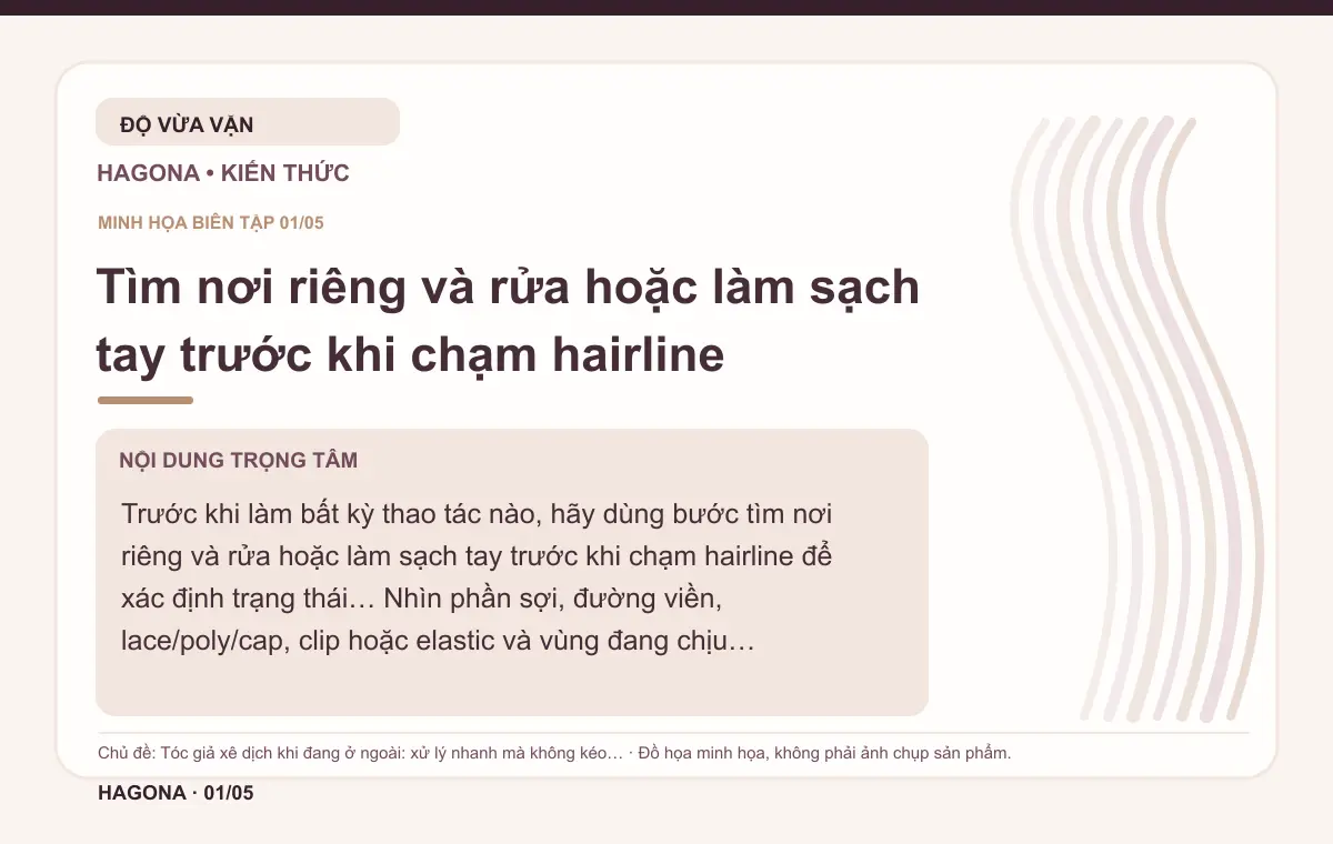 Đồ họa minh họa HAGONA về Tìm nơi riêng và rửa hoặc làm sạch tay trước khi chạm hairline trong bài Tóc giả xê dịch khi đang ở ngoài: xử lý nhanh mà không kéo giật
