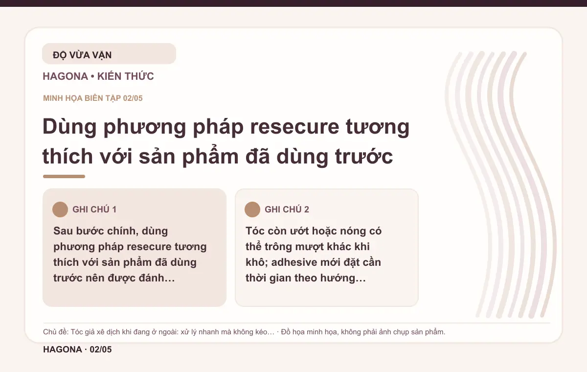 Đồ họa minh họa HAGONA về Dùng phương pháp resecure tương thích với sản phẩm đã dùng trước trong bài Tóc giả xê dịch khi đang ở ngoài: xử lý nhanh mà không kéo giật