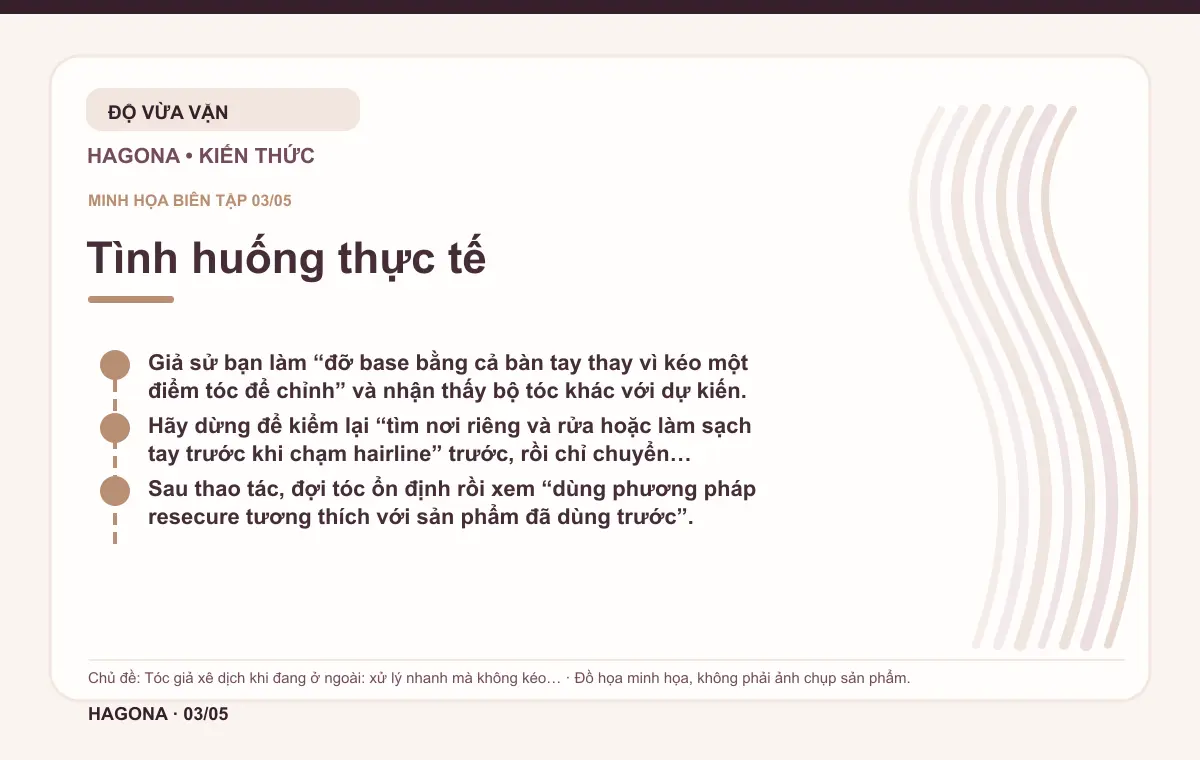 Đồ họa minh họa HAGONA về Tình huống thực tế trong bài Tóc giả xê dịch khi đang ở ngoài: xử lý nhanh mà không kéo giật
