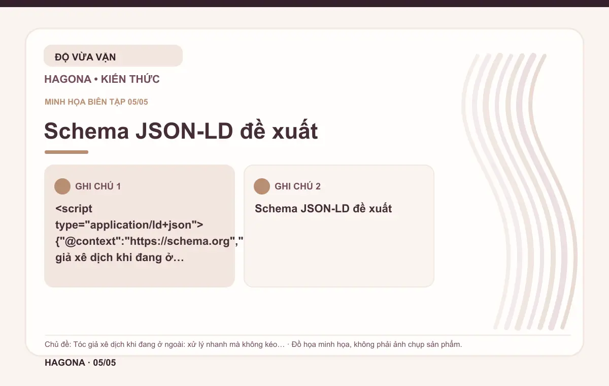 Đồ họa minh họa HAGONA về Schema JSON-LD đề xuất trong bài Tóc giả xê dịch khi đang ở ngoài: xử lý nhanh mà không kéo giật