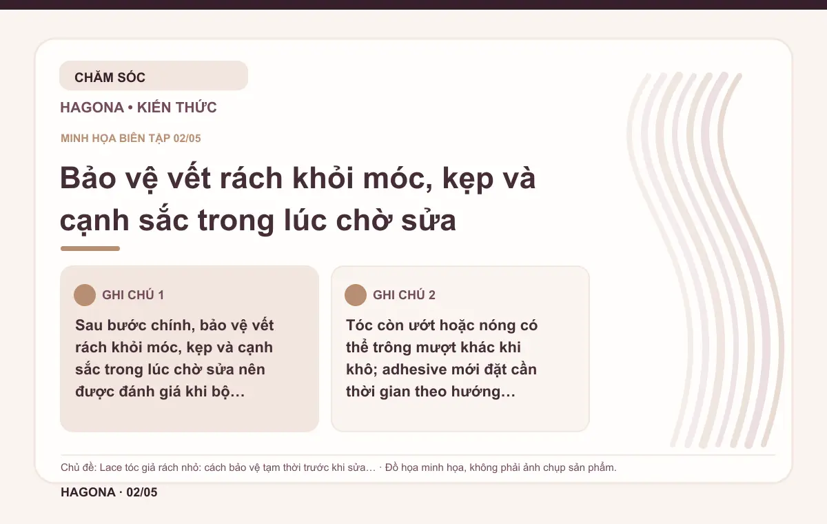 Đồ họa minh họa HAGONA về Bảo vệ vết rách khỏi móc, kẹp và cạnh sắc trong lúc chờ sửa trong bài Lace tóc giả rách nhỏ: cách bảo vệ tạm thời trước khi sửa chuyên nghiệp