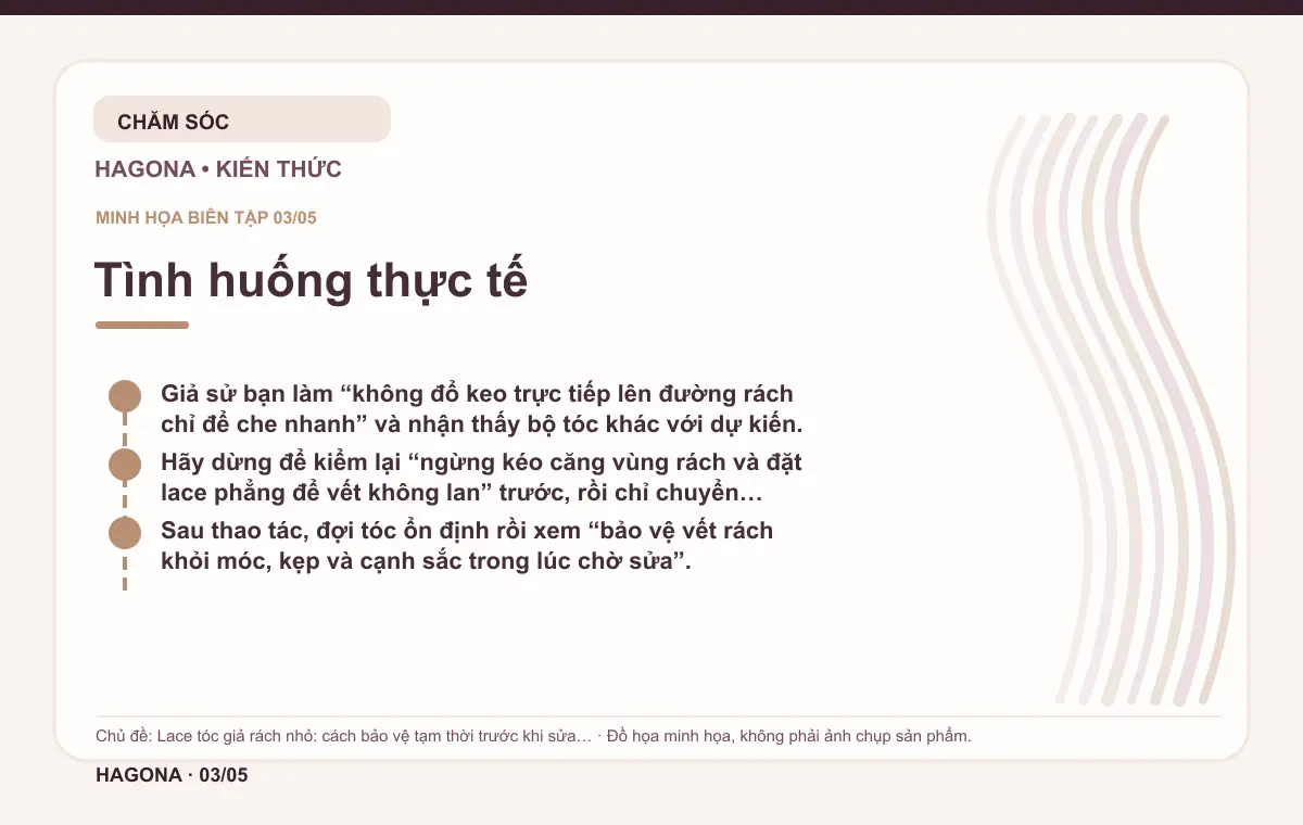 Đồ họa minh họa HAGONA về Tình huống thực tế trong bài Lace tóc giả rách nhỏ: cách bảo vệ tạm thời trước khi sửa chuyên nghiệp